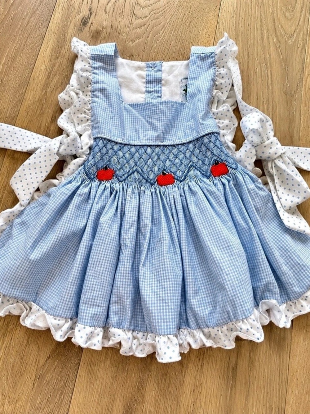 Southern Taters 12M Smocked Pumpkin Pinafore Dress Blue Gingham Fall Ruffle